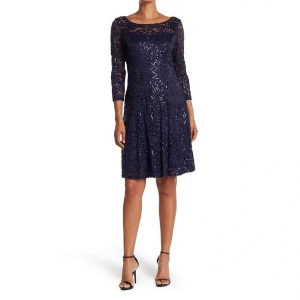 Marina Navy Blue Fit and Flare Sequin Lace Dress